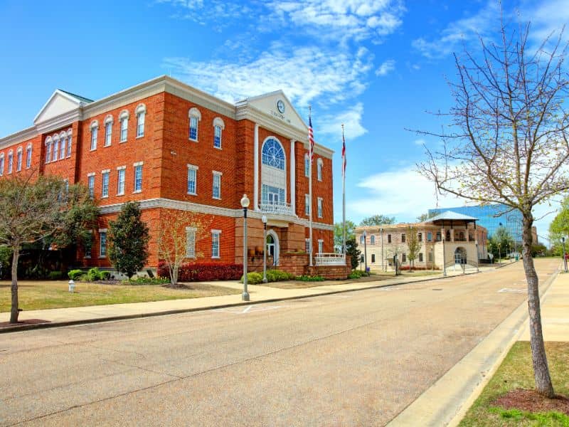 Tupelo, Mississippi city streets and City Hall representing professional land surveying services, property surveys, and land development planning in Tupelo