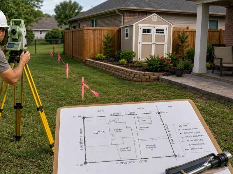 Property line survey in Tupelo Mississippi showing a surveyor measuring a residential lot near a fence, shed, patio, and marked boundary.